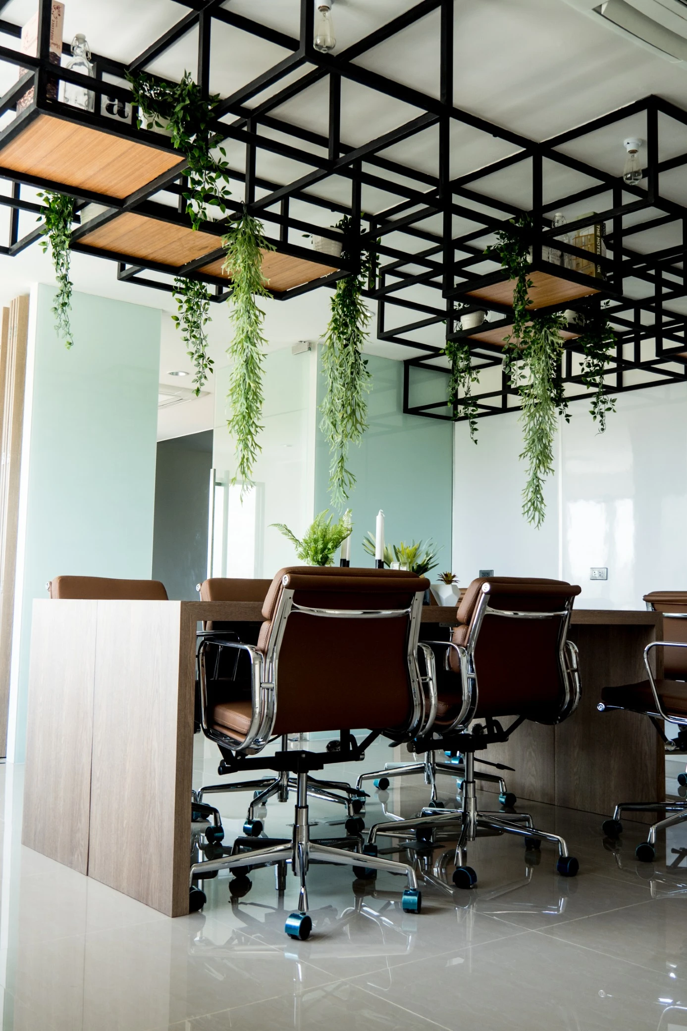 A modern commercial office interior with meeting space